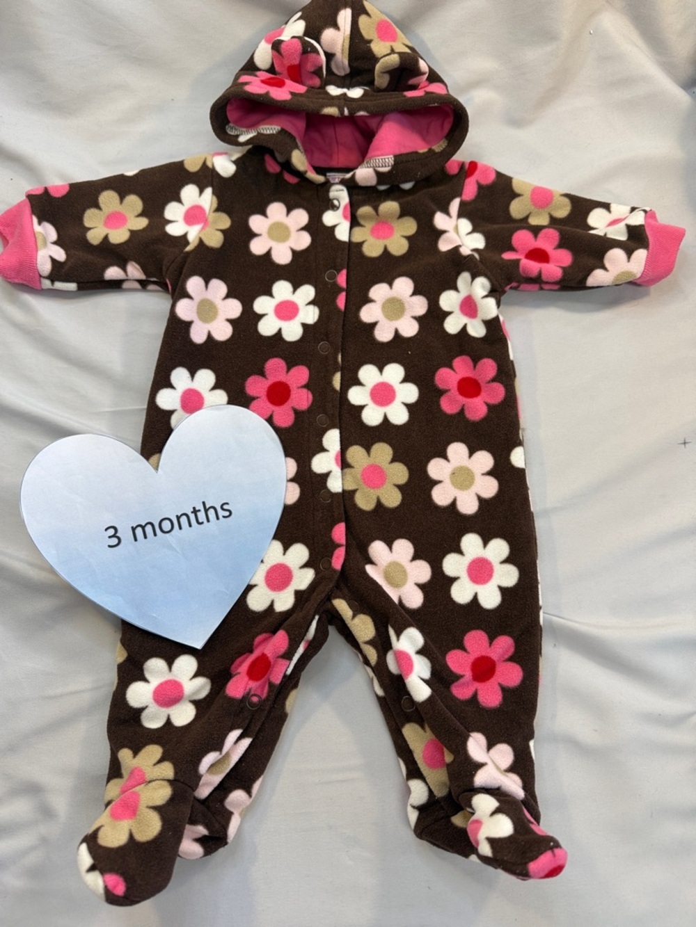 Carter's Brown Floral Fleece Hooded insulated One-Piece Footie with Pink Accents